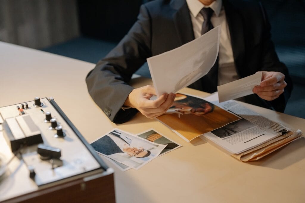 A person in a suit conducts comprehensive background checks, meticulously examining documents and photos on a table beside a machine with knobs and switches.