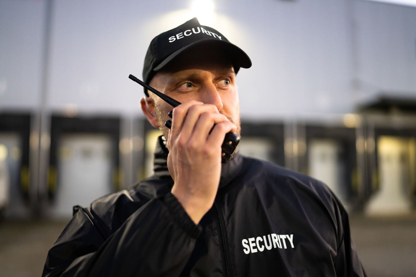 A security guard in a uniform and cap is using a walkie-talkie outside a building.