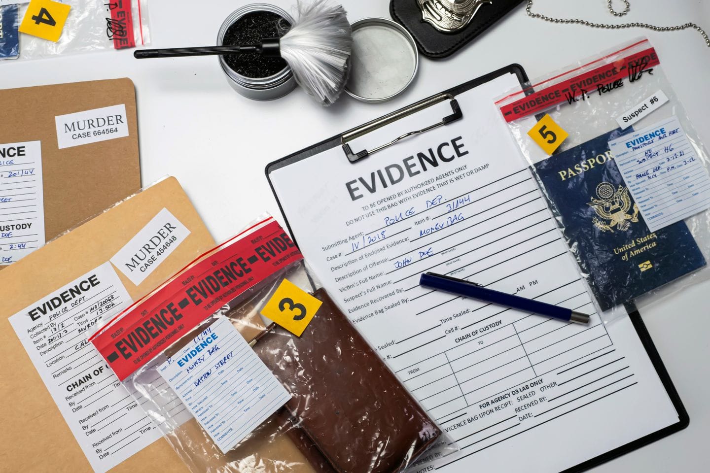 Evidence items labeled and numbered are displayed, including a clipboard with forms, a passport, and numbered bags. A brush and fingerprint powder are nearby.