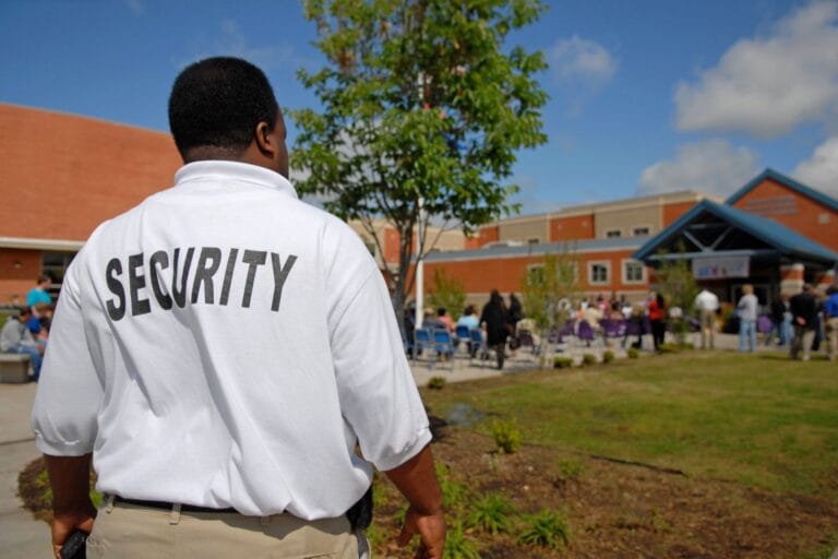 A security guard in a white shirt diligently monitors an outdoor event, showcasing the diverse industries served while people mingle in the sunny backdrop.