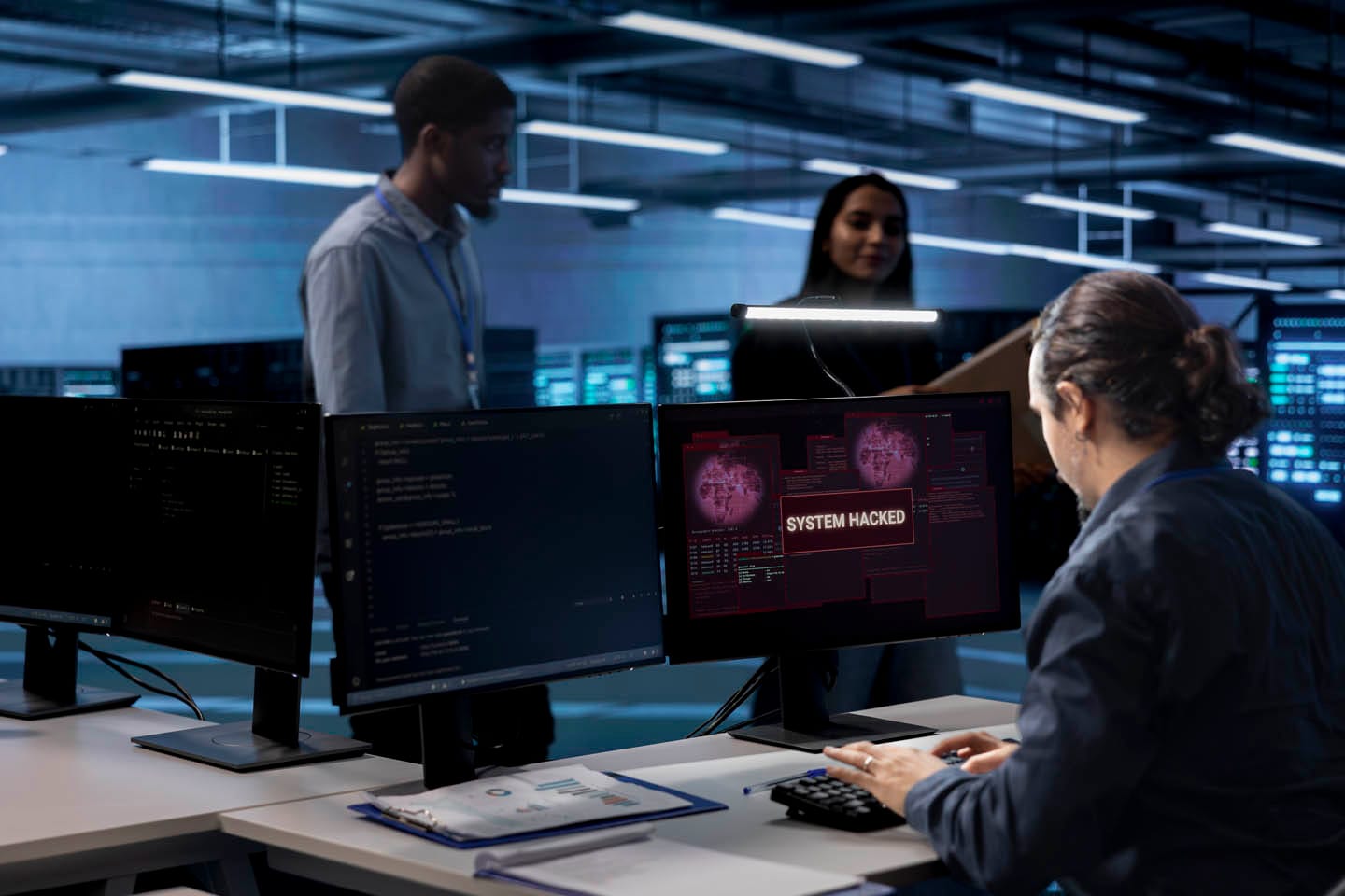 A person at a desk views multiple monitors, with one ominously displaying "System Hacked." In the dimly lit office, two individuals discuss security and threat assessments in the background.