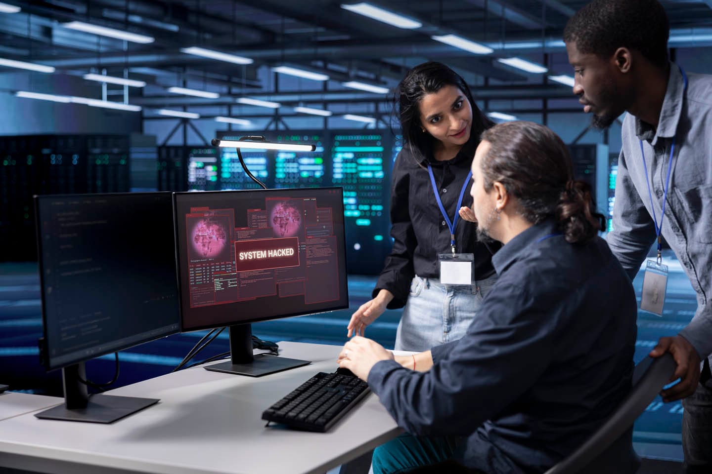 Three people in an office discuss a "System Hacked" alert on a computer screen, urgently realizing the need for immediate security assessments to address potential vulnerabilities.