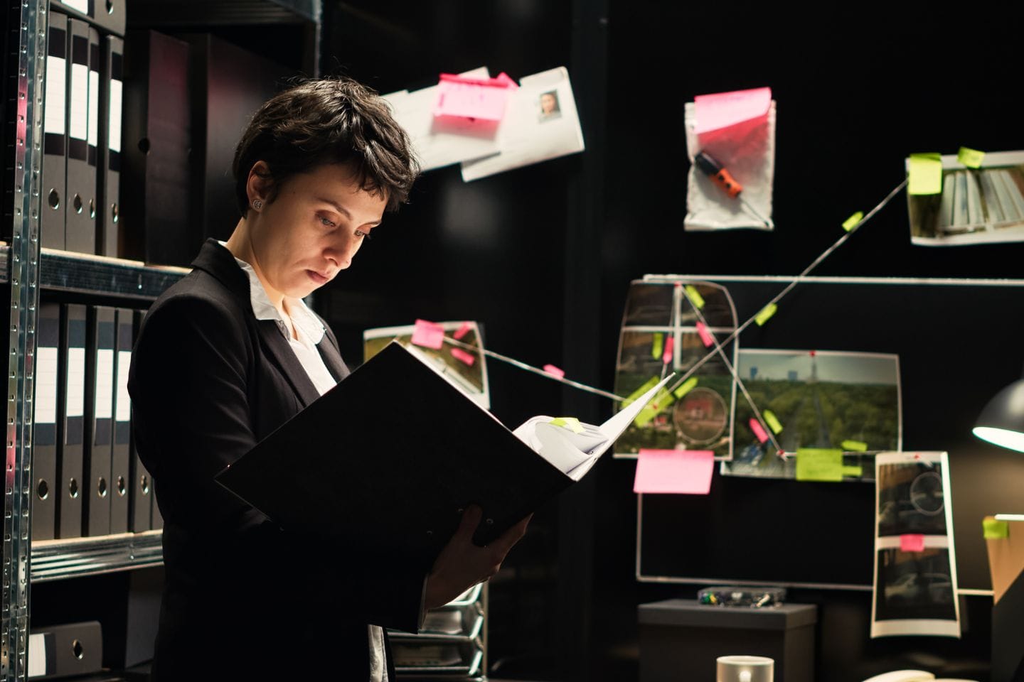 A person in a suit examines a file in a dimly lit office, with a board covered in photos and notes in the background.