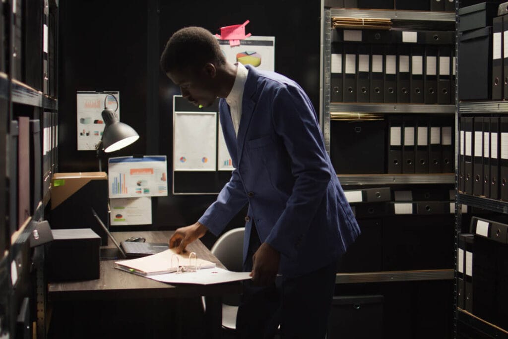 A person in a blue jacket works meticulously at a desk in an office, surrounded by shelves of binders, like an expert providing investigation services under the glow of a desk lamp.