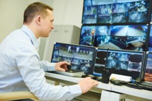 In a security office, a man diligently monitors multiple surveillance screens, potentially uncovering crucial insights for family law investigations.