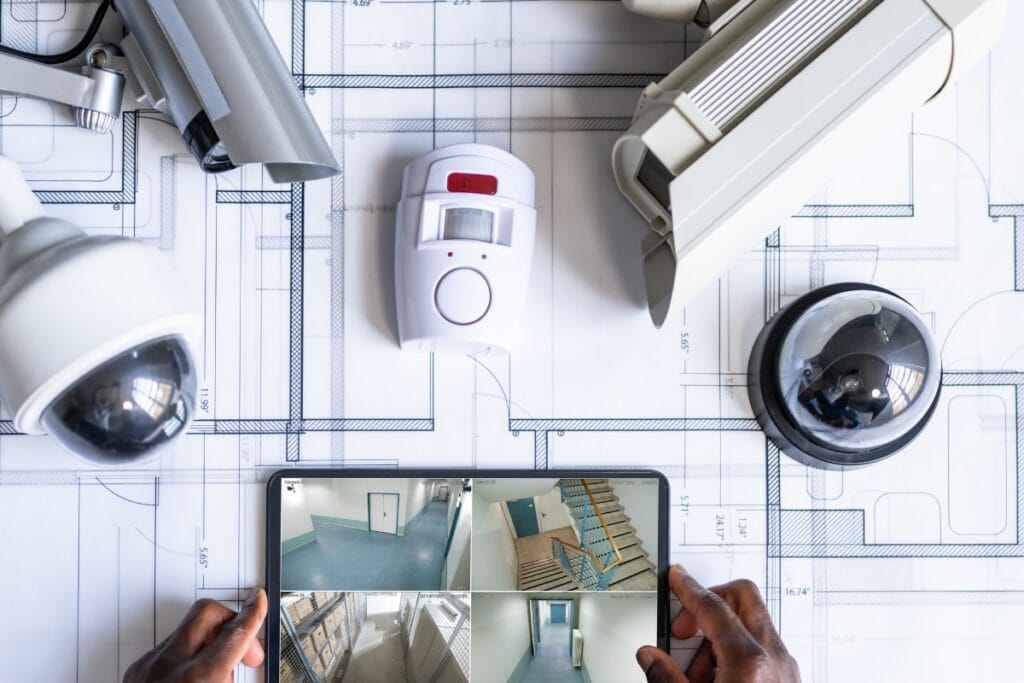 A blueprint background features security cameras and motion sensor devices, while hands hold a screen displaying surveillance footage—essentials for family law investigations.