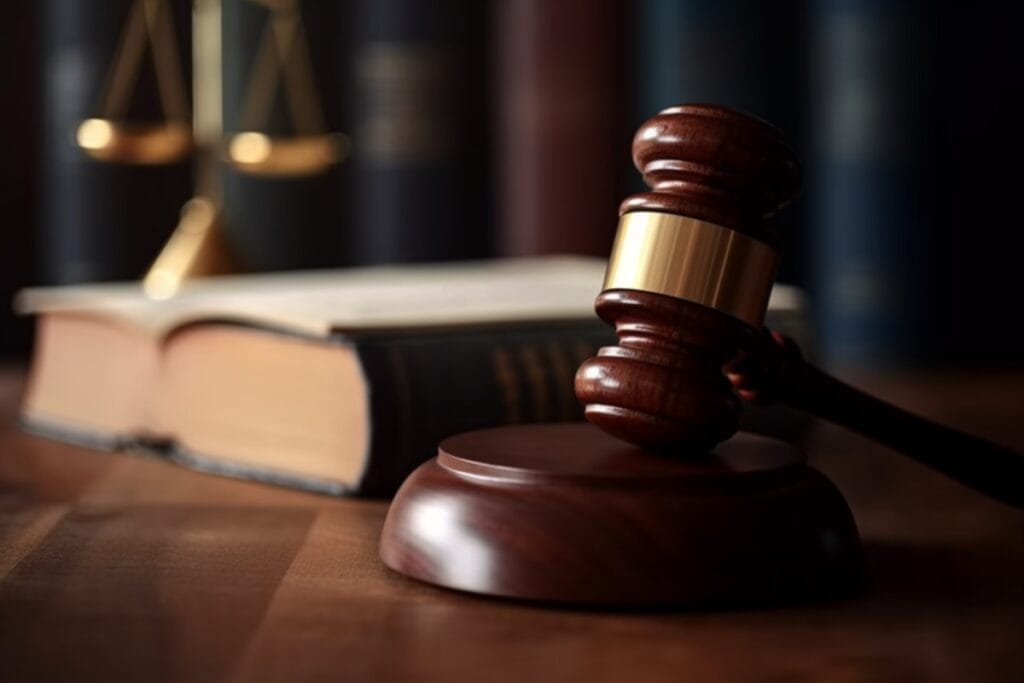 A judge's gavel rests on a wooden block in front of a large book, symbolizing the gravity of family law investigations, with blurred scales of justice visible in the background.