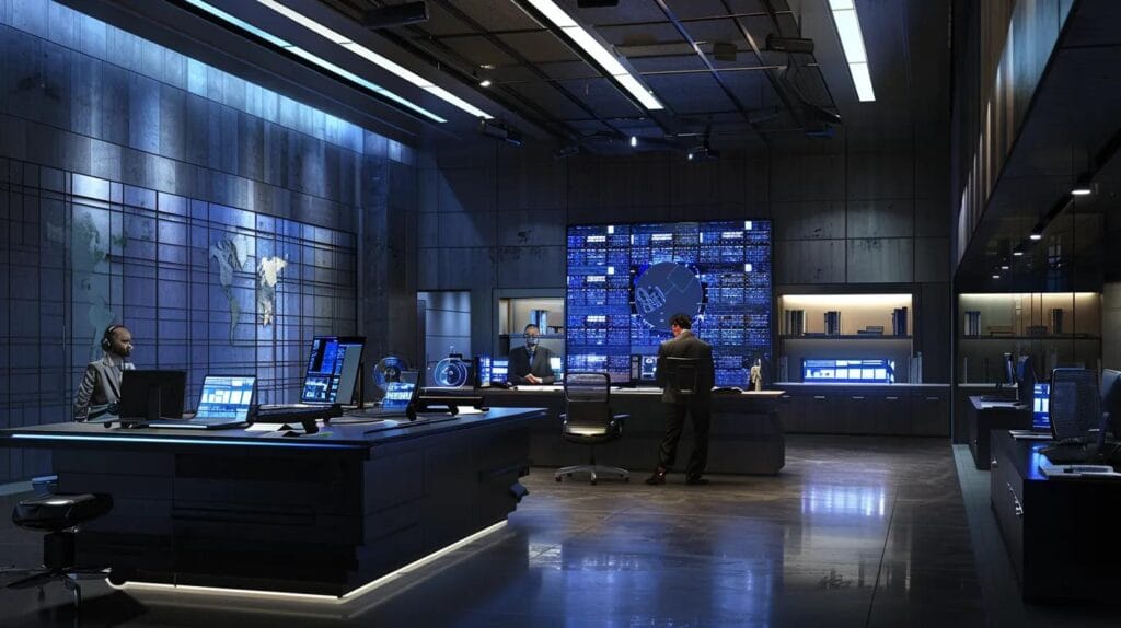 a professional, modern office setting showcases a focused private investigator analyzing documents at a sleek desk, while a vigilant security professional monitors multiple surveillance screens from an advanced control panel, all enveloped in muted shades of dark blue and gray to convey an atmosphere of trust and readiness.