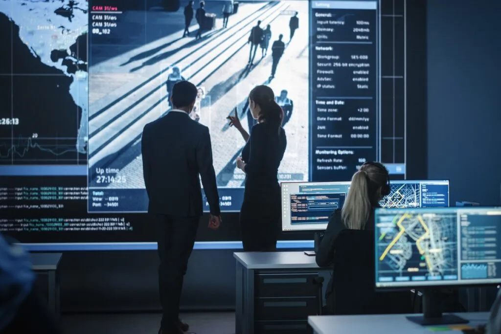 Identifying Issues With Your Current GPS Tracking System 8 People in a control room study large digital screens displaying maps, data, and video feeds from the GPS tracking system. Two people are standing, while one person sits at a desk working on a computer.