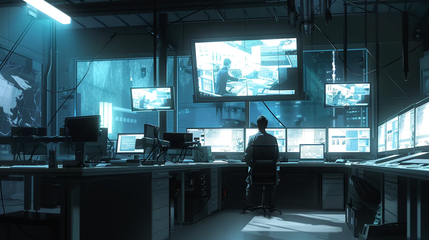 a focused private investigator reviews critical documents in a sleek, modern office, surrounded by surveillance monitors and a uniformed security professional at a high-tech control panel, all bathed in muted tones of dark blue and gray to evoke a sense of professionalism and trust.