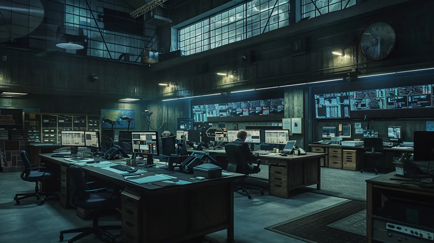 a professional, modern office setting showcases a private investigator and security team, featuring surveillance monitors and a security professional at a high-tech control panel, all enveloped in muted dark blues and grays to evoke a sense of trust and sophistication as they diligently analyze evidence and strategize their next move.