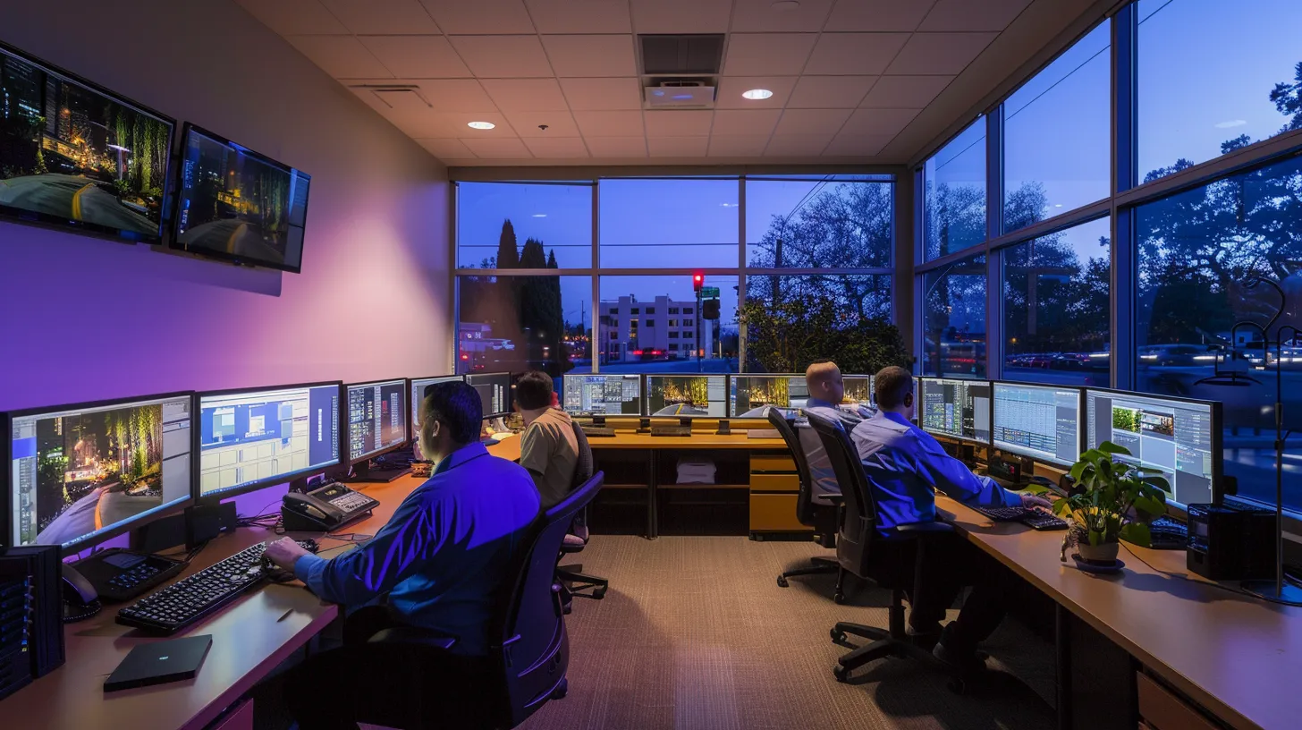 a professional private investigator and a security team meticulously analyze surveillance monitors in a sleek, modern office, illuminated by soft, ambient lighting that underscores an atmosphere of focus and trust.