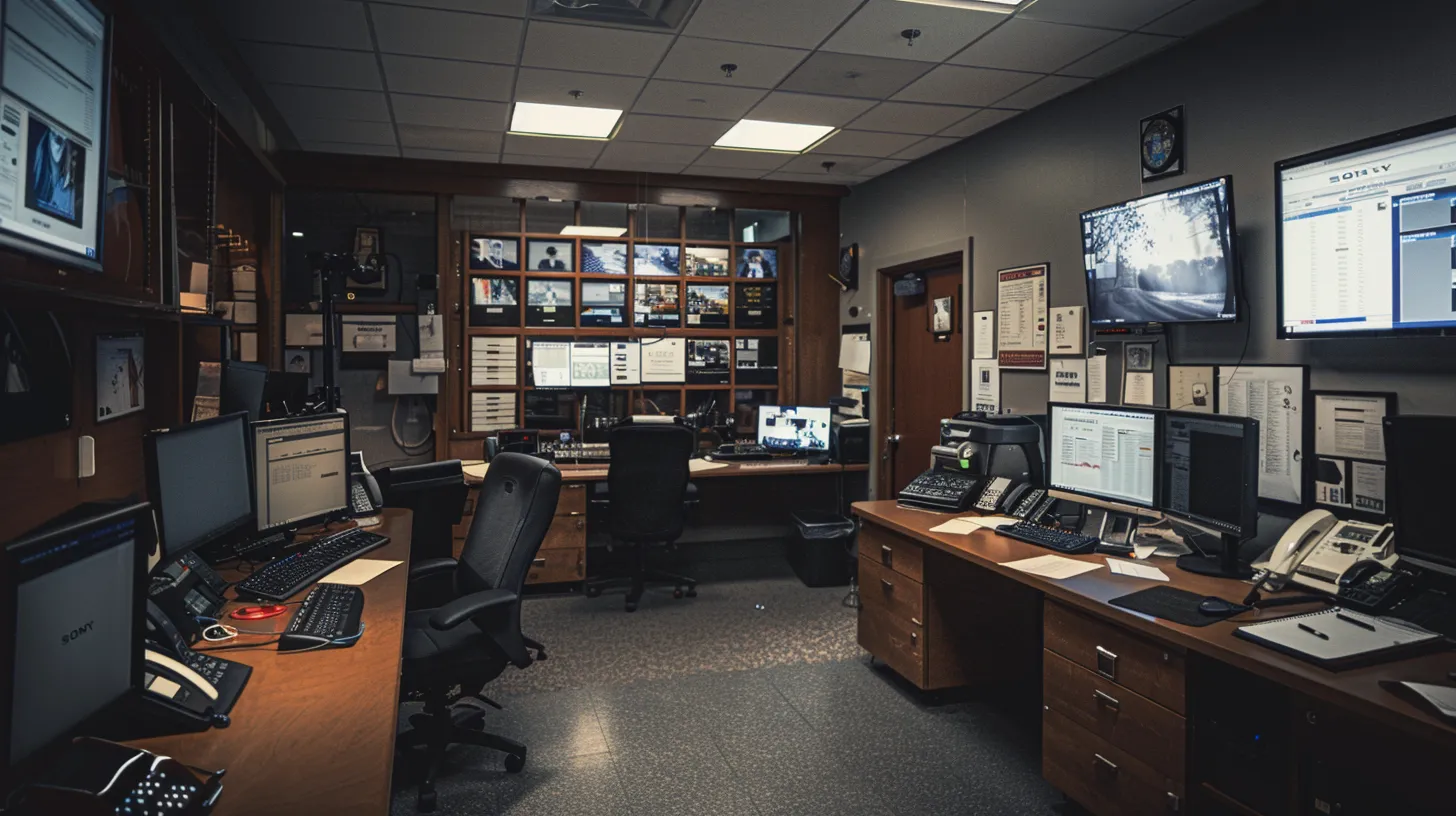 a professional private investigator's office showcases a focused team at work, surrounded by surveillance monitors, high-tech control panels, and meticulous documents, all set in a muted palette of dark blues and grays that convey an atmosphere of sophistication and trust.