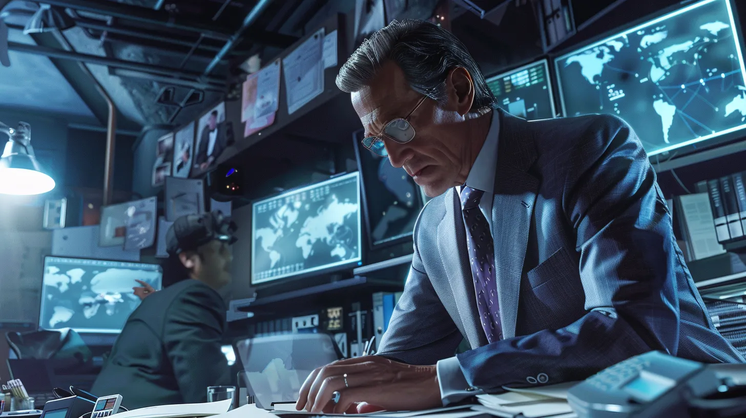 a sophisticated office setting showcases a private investigator and a security professional at a high-tech control panel, surrounded by surveillance monitors and detailed documents, all bathed in muted blues and grays to evoke professionalism and diligence in uncovering the truth.