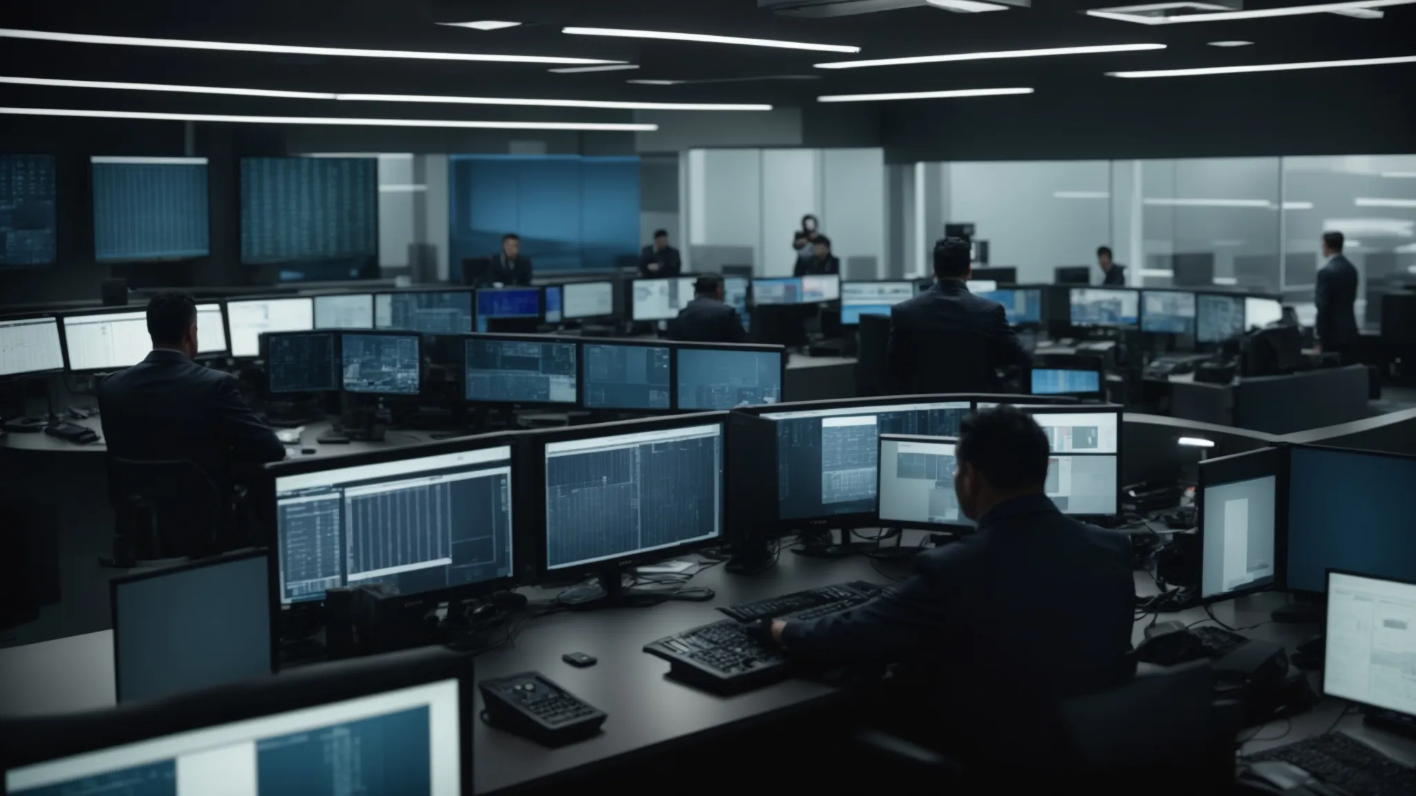 a focused security team in a modern control room, surrounded by surveillance monitors and a professional investigator analyzing documents, all bathed in muted blues and grays, embodying vigilance and expertise in the realm of business safety.