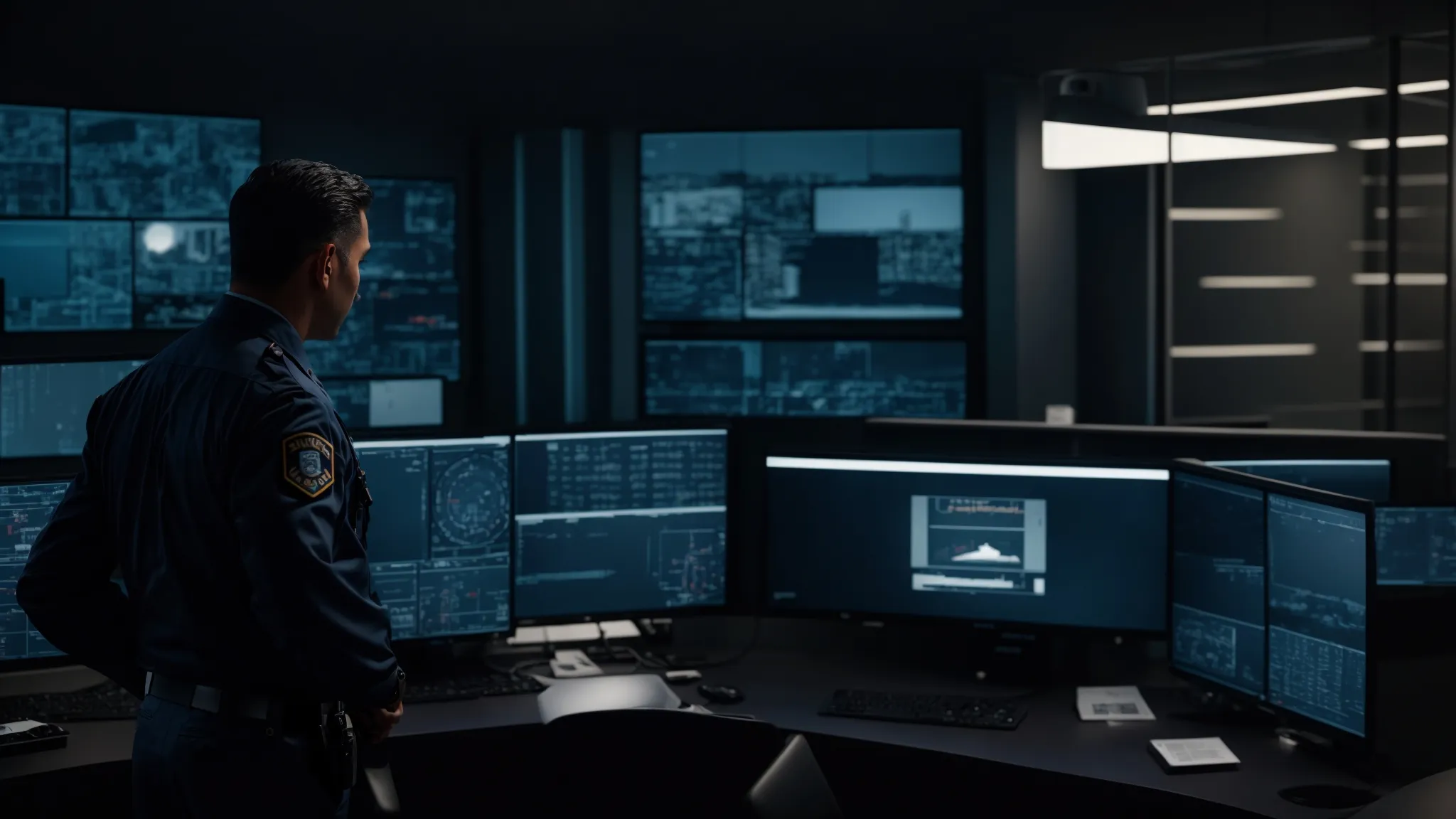 a high-tech security control room bathed in muted dark blues and grays features a vigilant professional in uniform monitoring surveillance screens, while a private investigator meticulously analyzes documents, embodying a sense of readiness and professionalism in the pursuit of safety for atlanta businesses.