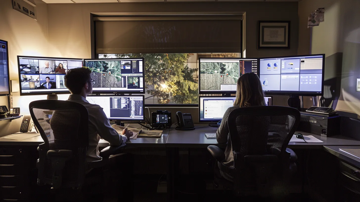 in a dimly lit, modern office, a focused private investigator reviews critical documents, while a vigilant security professional monitors multiple surveillance feeds on sleek screens, encapsulating a sense of professionalism and readiness to uncover hidden truths.