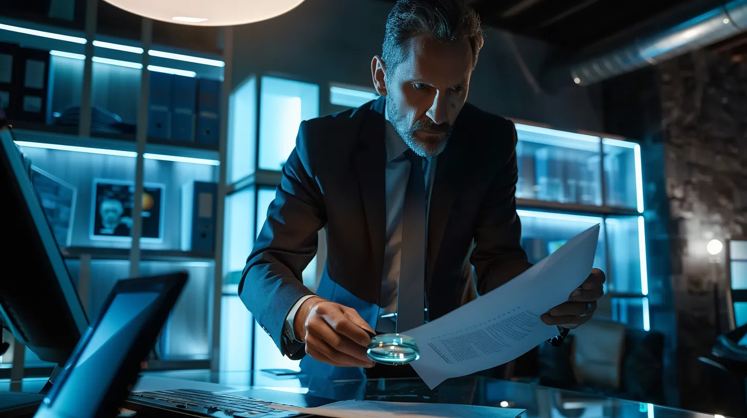 in a sleek, modern office illuminated by soft, focused lighting, a private investigator scrutinizes documents with a magnifying glass while a uniformed security professional monitors surveillance feeds on high-tech screens, embodying professionalism and a commitment to uncovering the truth.