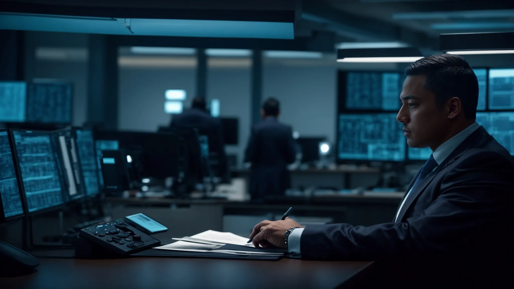 a modern office scene showcases a vigilant security professional in uniform monitoring surveillance feeds at a high-tech control panel, while a private investigator meticulously analyzes documents, all set against a backdrop of muted blues and grays that exudes professionalism and security.