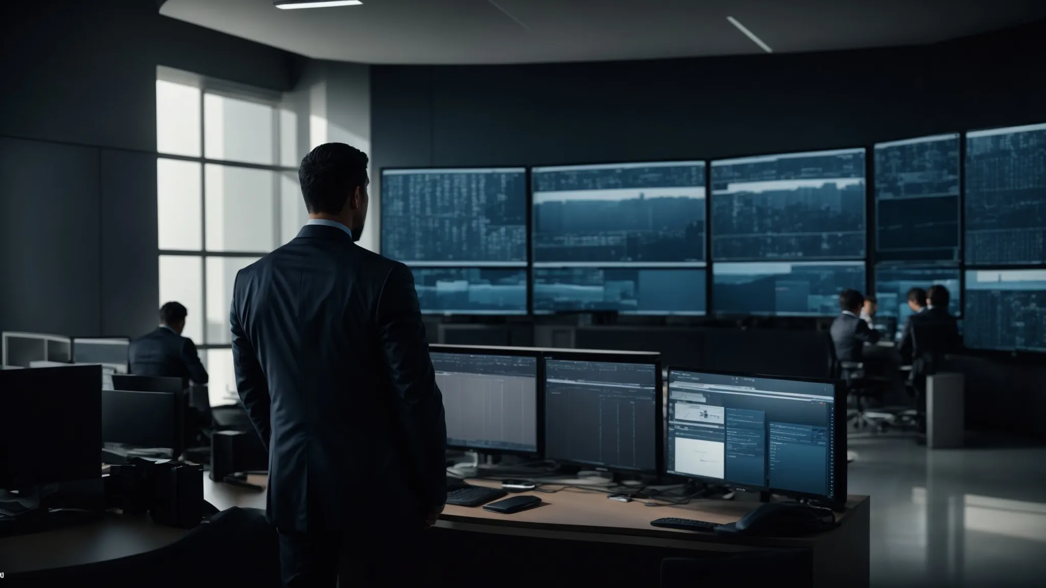 a professional security team monitors an array of surveillance screens in a sleek, modern office, embodying readiness and vigilance while an investigator meticulously analyzes documents, all set in an atmosphere of muted dark blues and grays that conveys trust and sophistication.