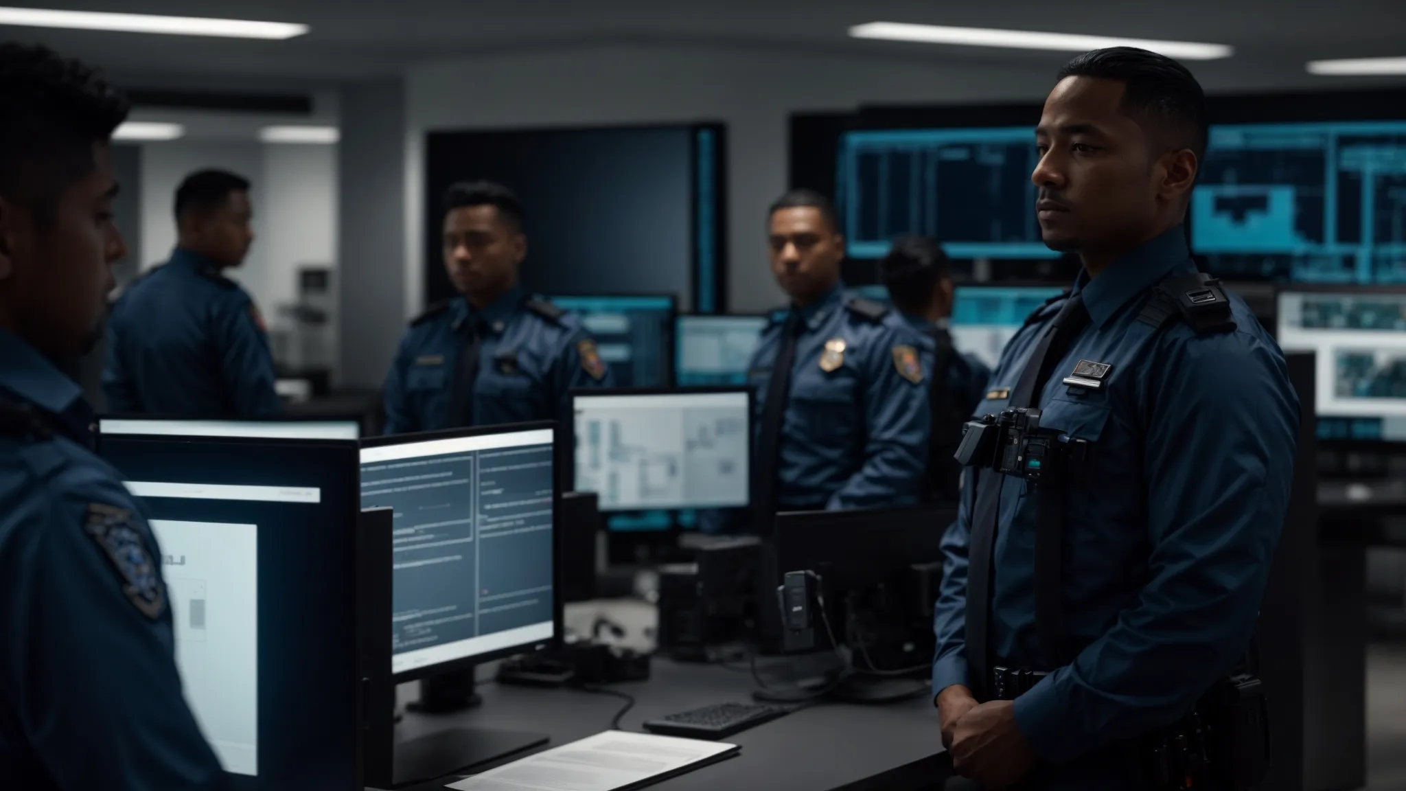 a professional security team operates within a sleek, modern office, surrounded by surveillance monitors and high-tech equipment, embodying readiness and expertise in a sophisticated palette of muted blues and grays.