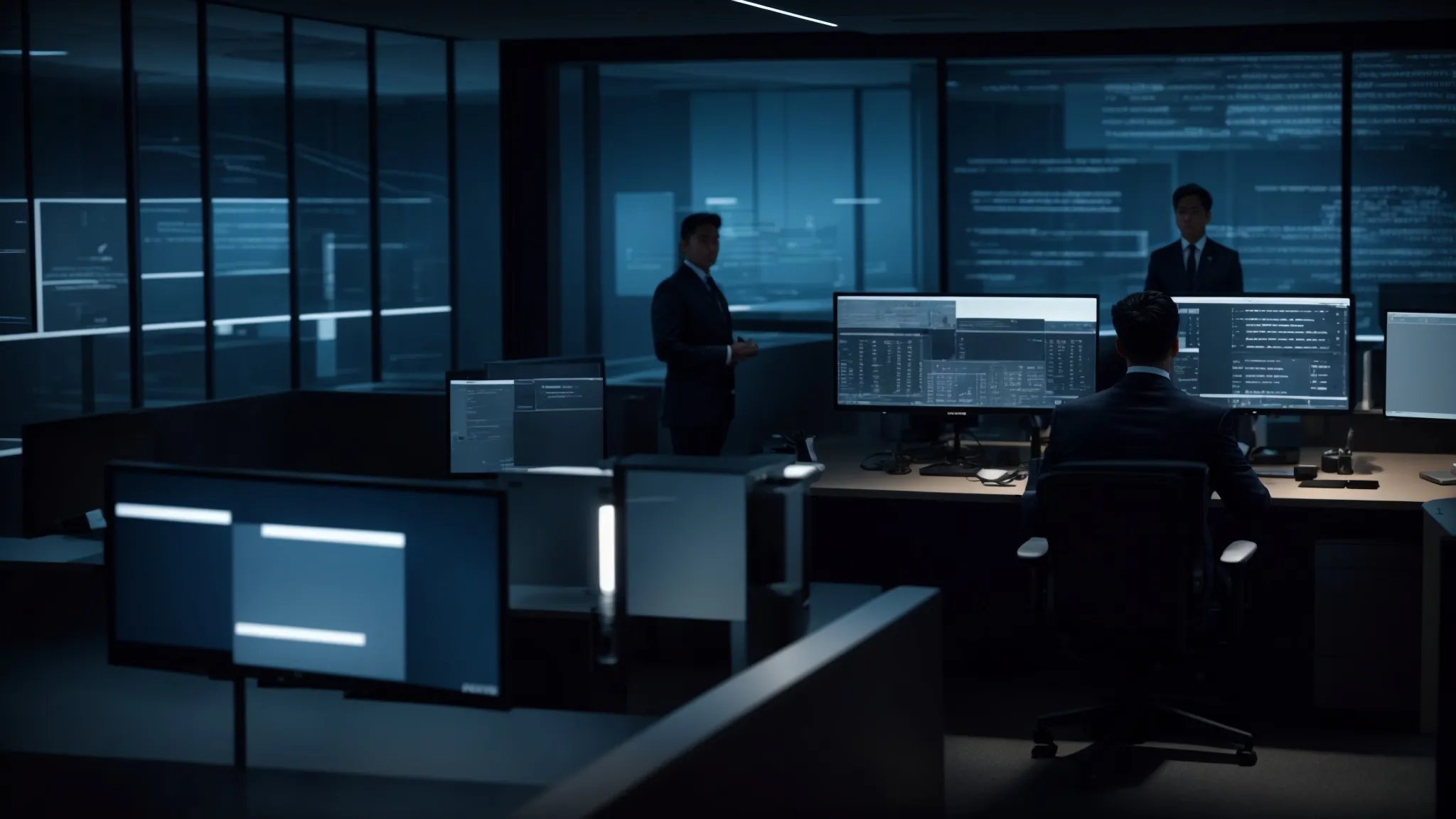 a professional security team operates within a sleek, modern office, illuminated by soft, ambient lighting, as a uniformed guard monitors surveillance screens while an investigator meticulously analyzes documents, all surrounded by muted tones of dark blue and gray to evoke a sense of trust and vigilance.