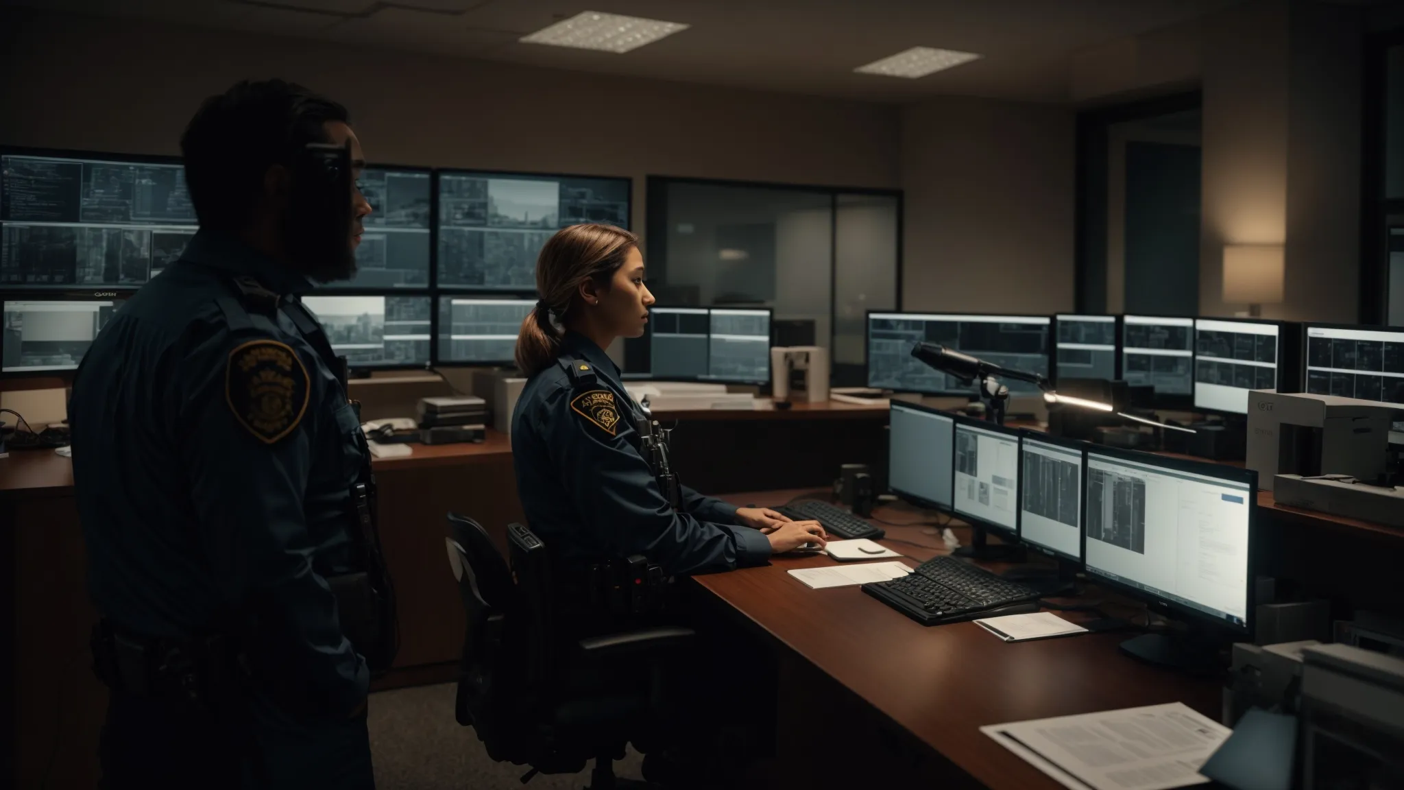 in a modern office illuminated by soft, muted lighting, a vigilant security professional in uniform monitors numerous surveillance feeds at a high-tech control panel, while a focused private investigator reviews documents with a magnifying glass, together conveying a sense of professionalism and readiness to uphold local regulations in security operations.