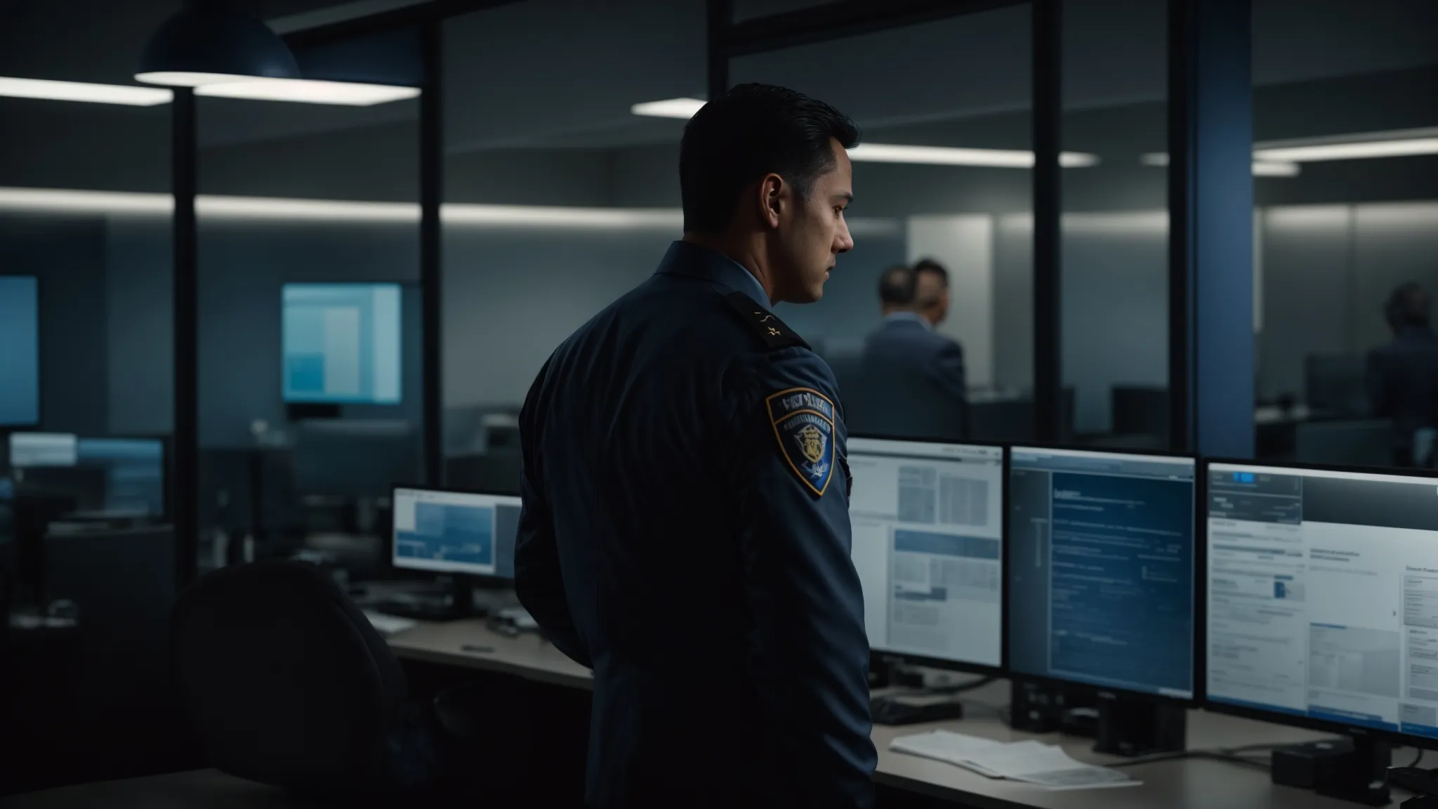 in a modern office setting bathed in muted blue and gray tones, a vigilant security professional in uniform monitors multiple surveillance feeds while a focused private investigator reviews documents, together embodying the seamless blend of security and investigative readiness.