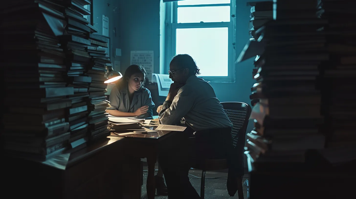 a concerned parent converses with a private investigator in a dimly lit office, surrounded by stacks of legal documents that emphasize the weight of their situation.