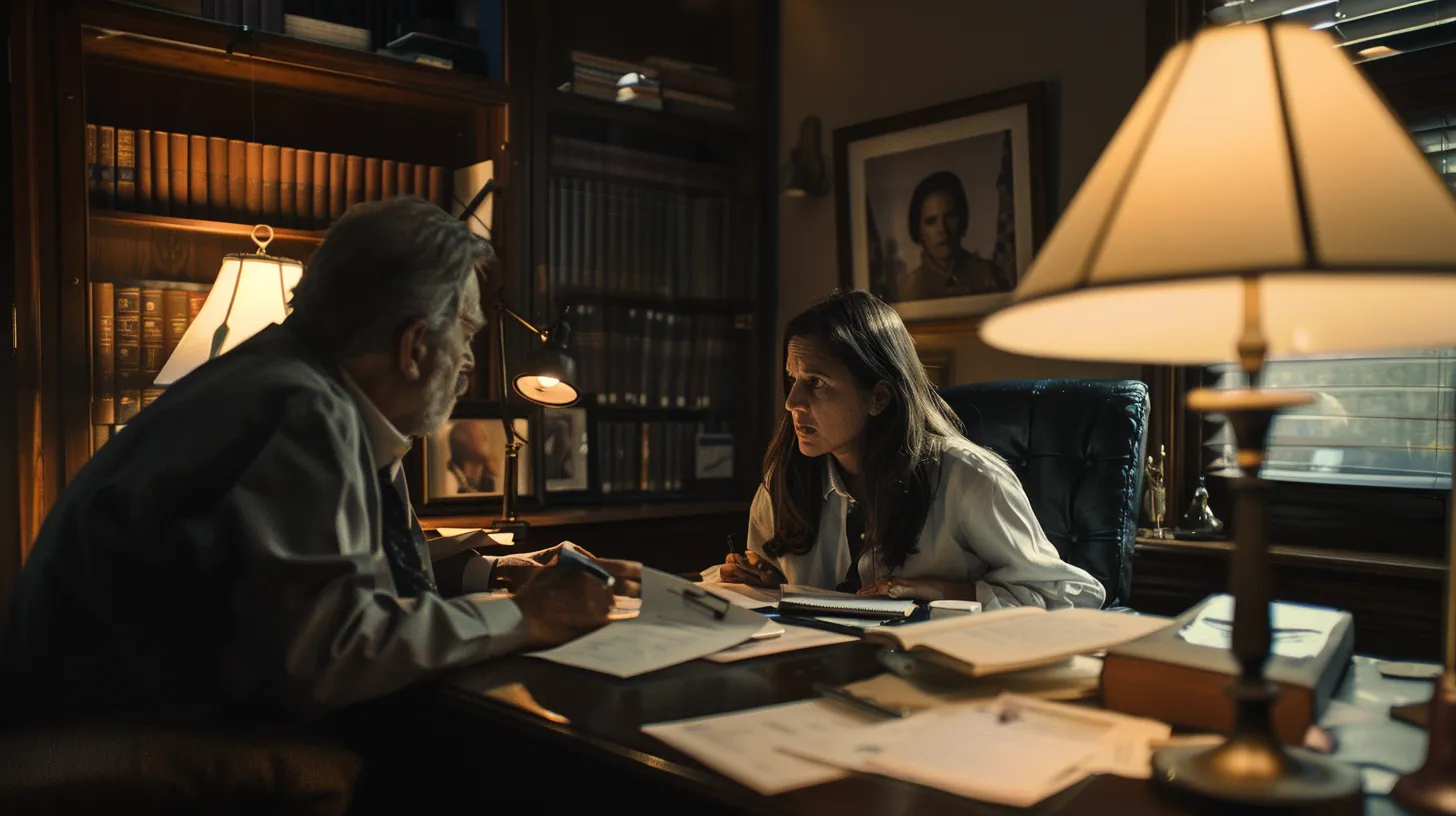 a concerned parent discusses important matters with a private investigator in a warmly lit office, surrounded by legal documents and evidence that highlight the gravity of their situation.