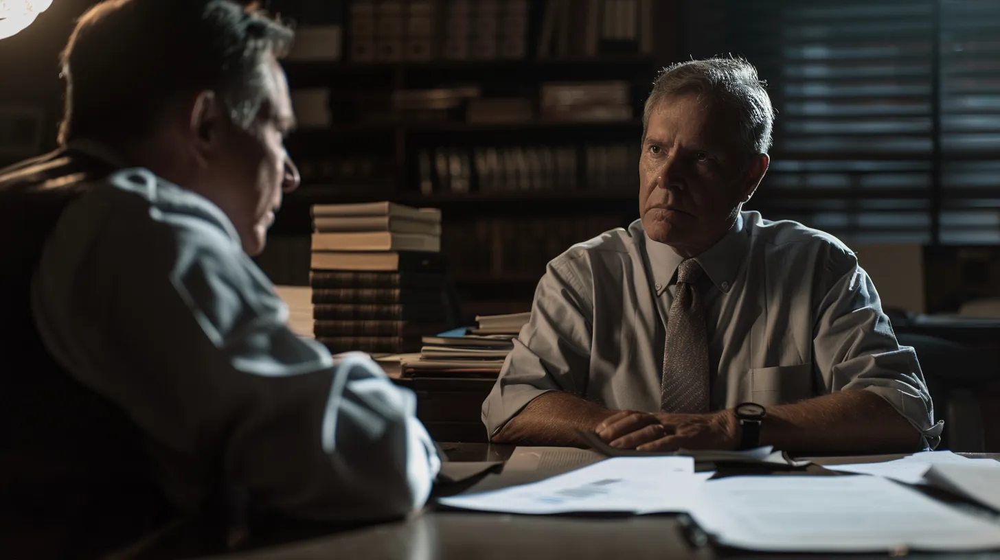 a concerned parent engages in a serious discussion with a private investigator in a dimly lit office, surrounded by stacks of legal documents and tense expressions that convey the weight of the situation.