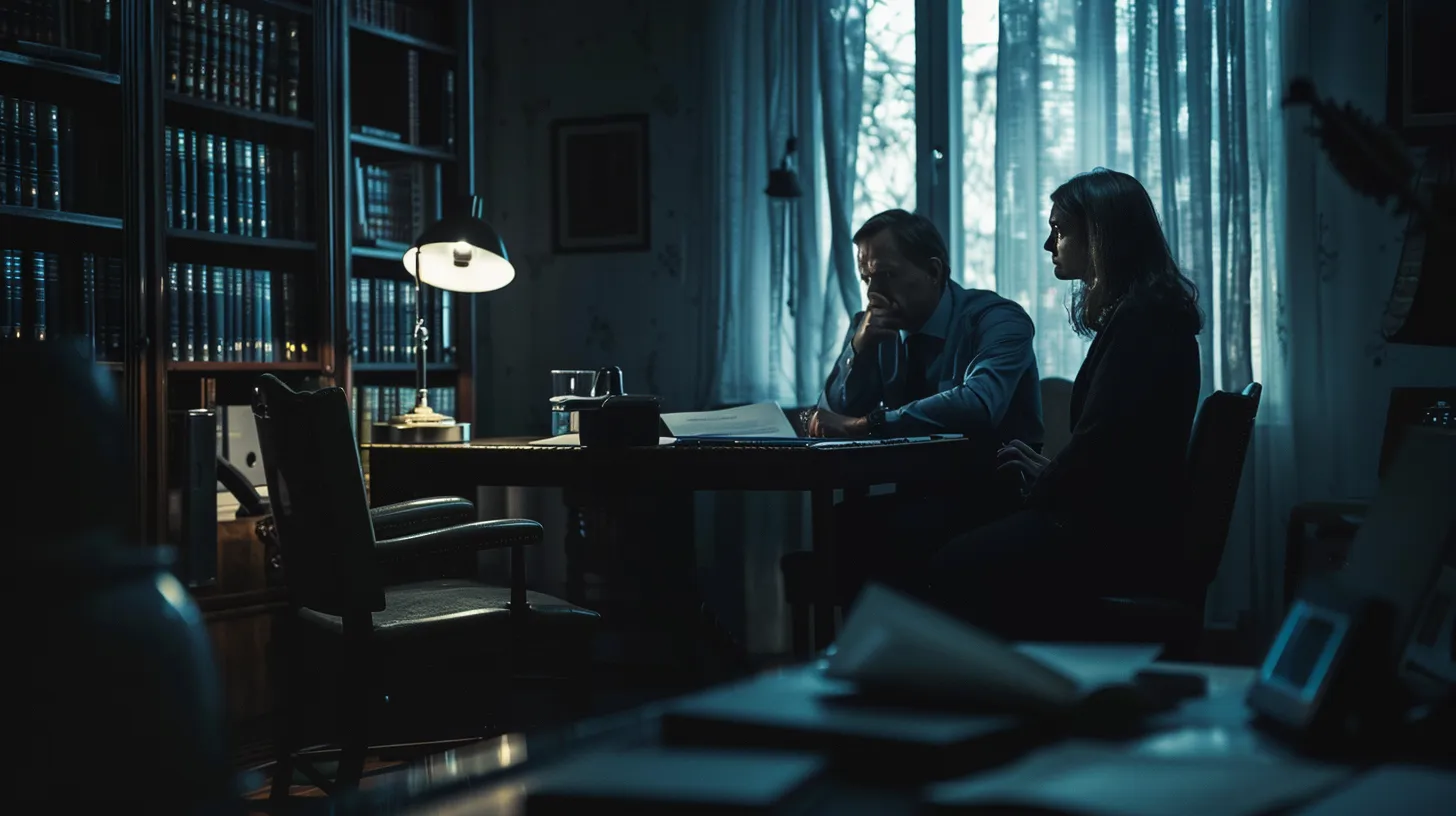 a concerned parent engages in a serious conversation with a private investigator in a dimly lit office, surrounded by scattered legal documents and a tense atmosphere of uncertainty.