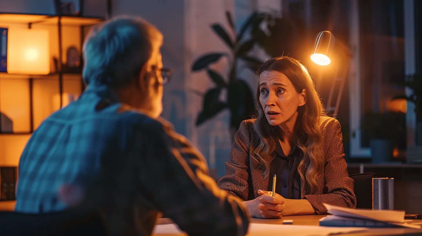 a concerned parent sits across from a private investigator in a dimly lit office, their expressions tense as they discuss sensitive legal matters amidst scattered documents and a warm, focused light illuminating the scene.