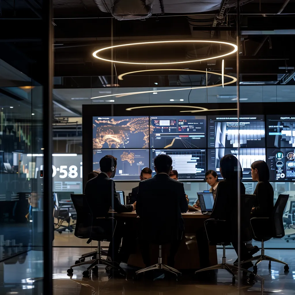a modern office environment featuring an engaged security team gathered around a high-tech digital display, analyzing complex threat assessments on vibrant screens, illuminated by dynamic lighting that emphasizes a proactive approach to safety.