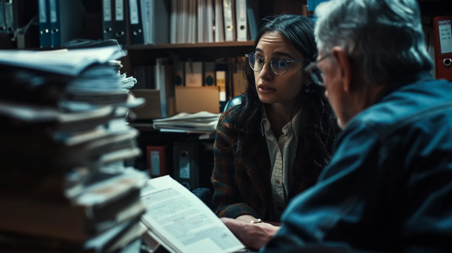 a worried parent engages in a serious conversation with a stern investigator in a dimly-lit office, surrounded by stacks of legal files.