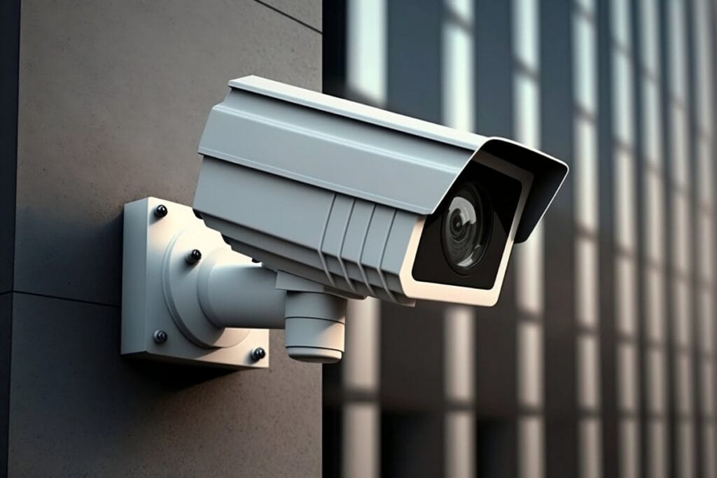 A security camera, part of advanced surveillance services, is mounted on the exterior wall of a modern building with glass windows.
