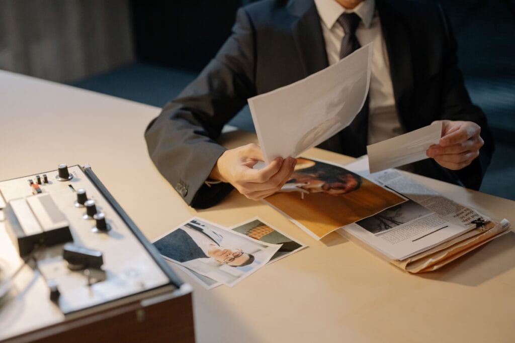 Litigation Support Investigations: How Private Investigators Assist Attorneys 2 A person in a suit reviews documents and photographs at a desk, next to a polygraph machine, as part of litigation support investigations.