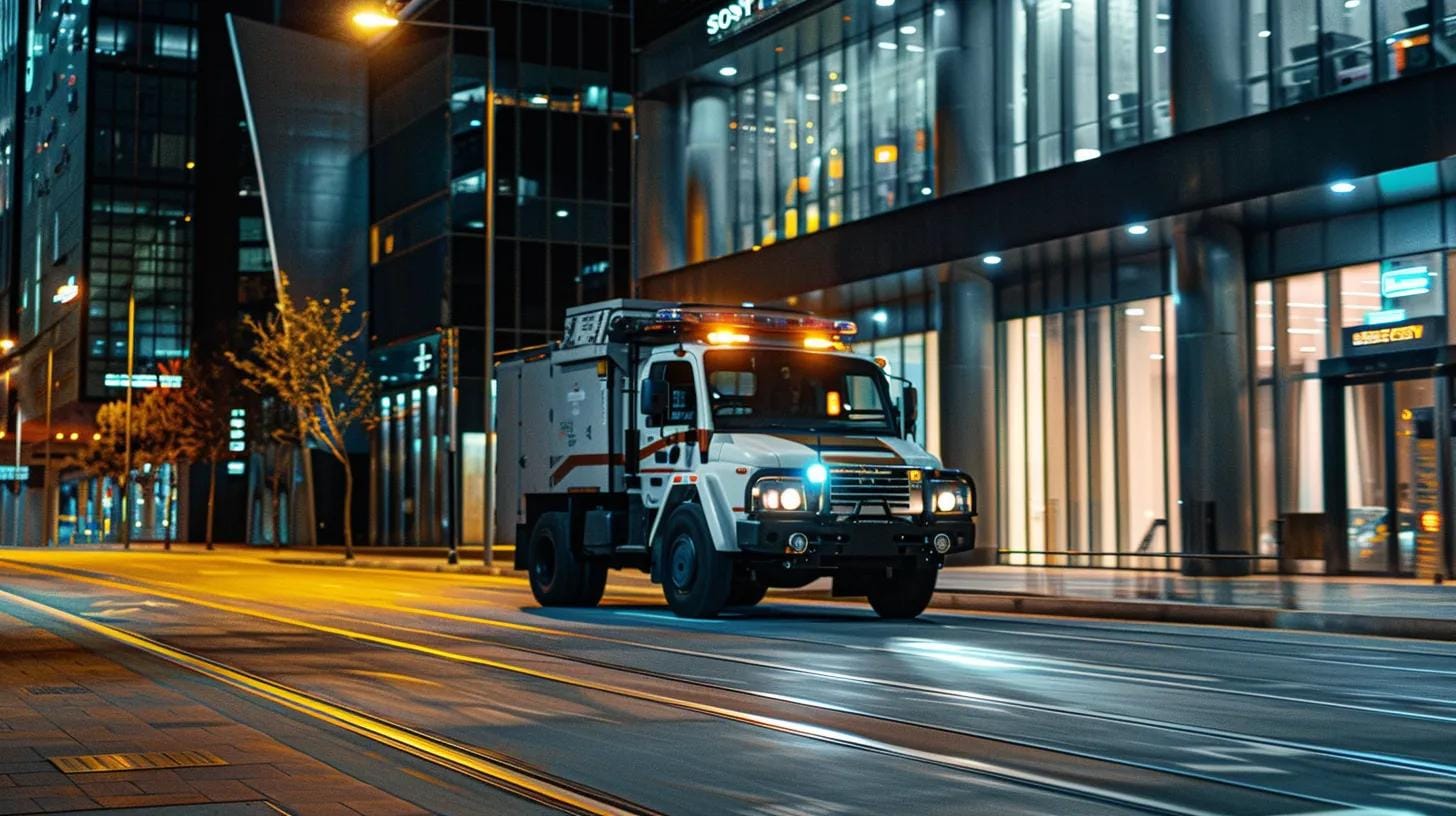 Mobile Security Patrol: How Mobile Security Can Protect Your Business 2 a dynamic mobile security patrol vehicle is actively navigating through a well-lit urban office complex, showcasing the robust presence of advanced security measures and enhancing the sense of safety for businesses.