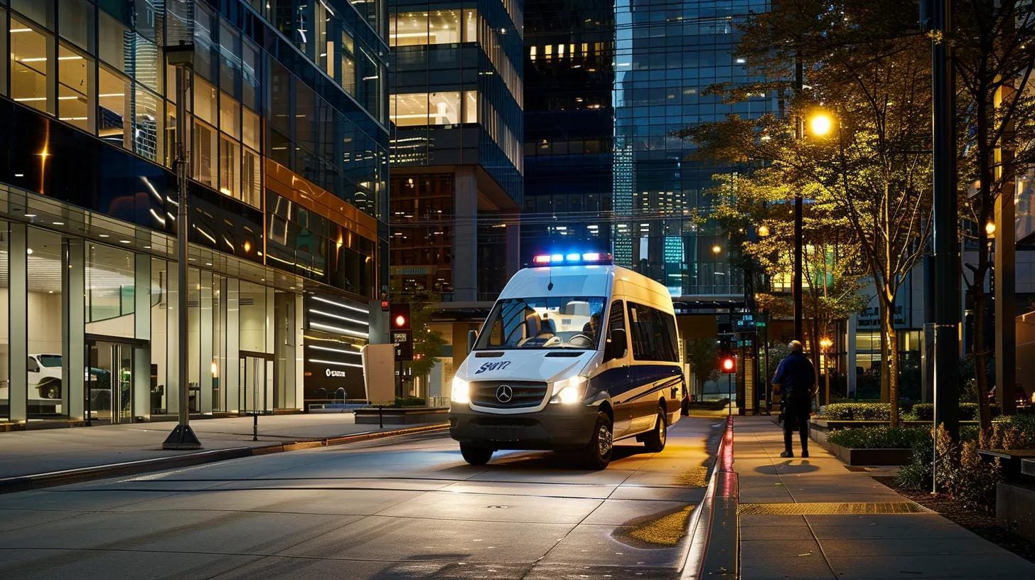 Mobile Security Patrol: How Mobile Security Can Protect Your Business 4 a vigilant mobile security patrol vehicle stands prominently in a well-lit urban business district, with security professionals conducting thorough inspections around a modern building, conveying a strong sense of safety and professionalism.