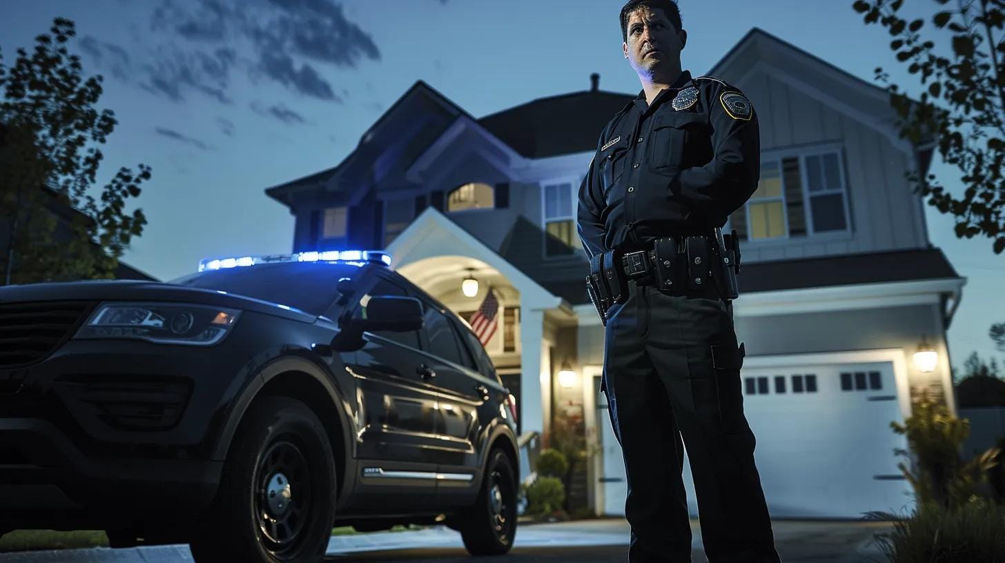 a vigilant mobile security officer, clad in a sharp uniform, stands confidently beside a sleek patrol vehicle in an upscale suburban neighborhood, under the soft glow of streetlights, ready to protect local businesses and private events.