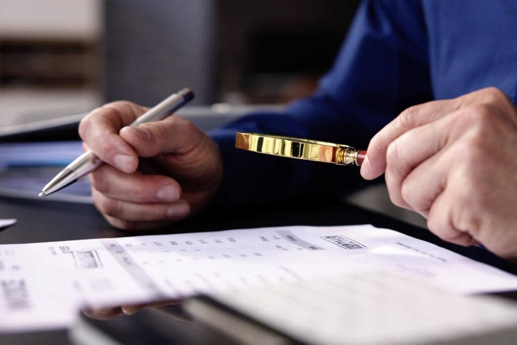 Corporate Investigations: How Businesses Can Detect Fraud and Theft 2 A person examines financial documents with a pen in one hand and a magnifying glass in the other, sitting at a desk, conducting corporate investigations.