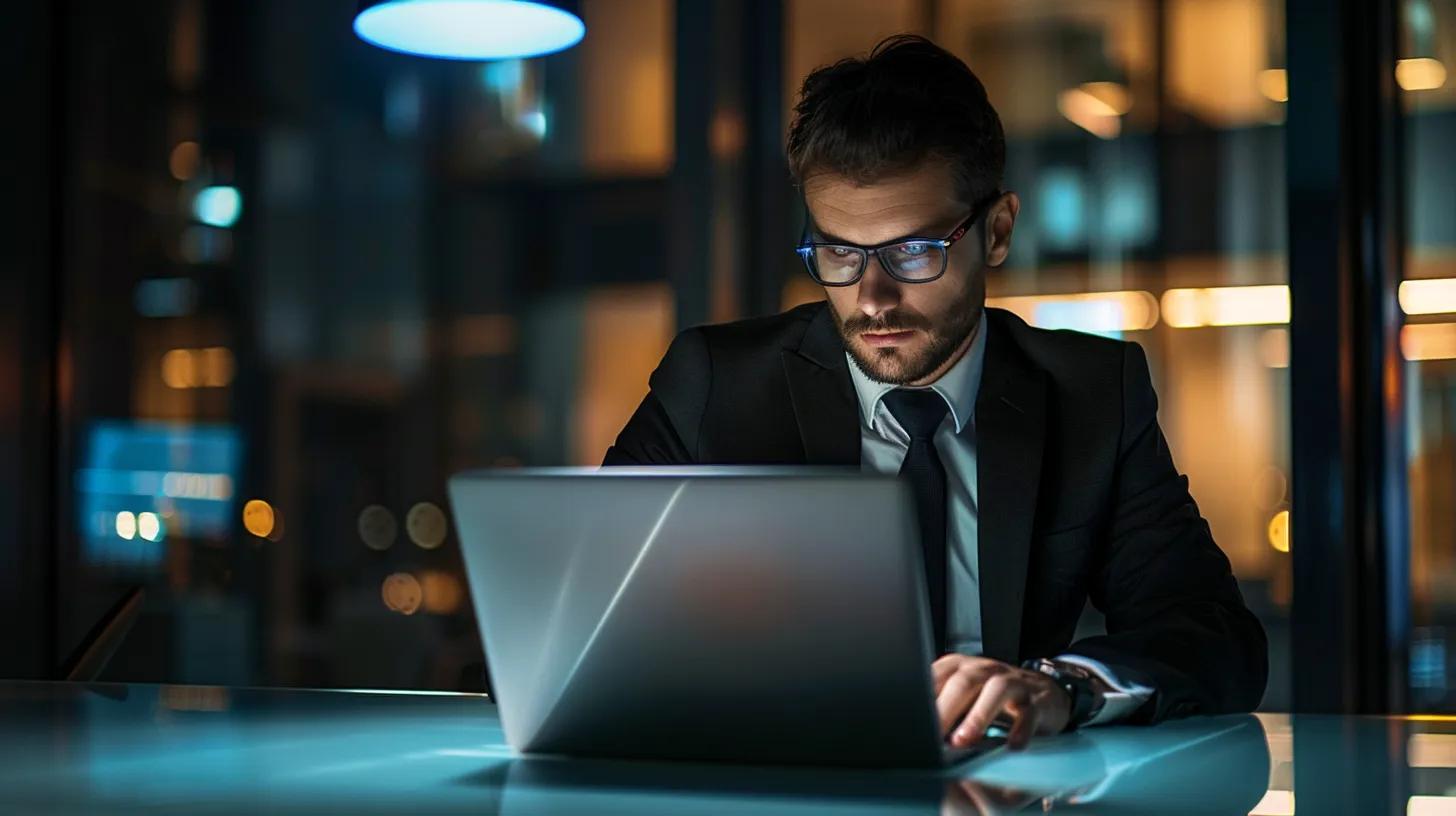 Corporate Investigations: How Businesses Can Detect Fraud and Theft 4 a sharply dressed investigator analyzes digital data on a sleek laptop in a modern office, illuminated by focused overhead lighting, embodying the precision and expertise of professional corporate investigation services.