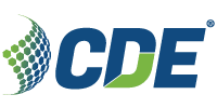 The image shows the CDE logo with blue letters "CDE" and a green and blue hexagonal pattern forming a curved shape to the left, reflecting the organization's focus on investigation and security.