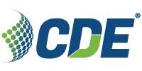 The image shows the CDE logo with blue letters "CDE" and a green and blue hexagonal pattern forming a curved shape to the left, reflecting the organization's focus on investigation and security.