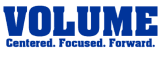 Blue bold text "VOLUME" above smaller tagline "Centered. Focused. Forward." on a light background, evoking themes of investigation and security.