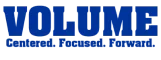 Blue bold text "VOLUME" above smaller tagline "Centered. Focused. Forward." on a light background, evoking themes of investigation and security.