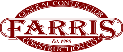 Logo for Farris General Contractor Construction Co., established in 1998, features text in a maroon oval design, reflecting expertise in construction as well as investigation and security services.