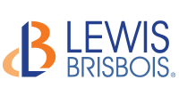 Lewis Brisbois logo featuring an abstract "LB" design in orange and blue, reflecting the firm's expertise in investigation and security, with "LEWIS BRISBOIS" in blue uppercase letters to the right.