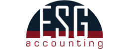 Logo for ESG Accounting with large white "ESG" letters on a navy and red background, highlighting investigation and security, with "accounting" in lowercase red letters below.