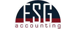 Logo for ESG Accounting with large white "ESG" letters on a navy and red background, highlighting investigation and security, with "accounting" in lowercase red letters below.